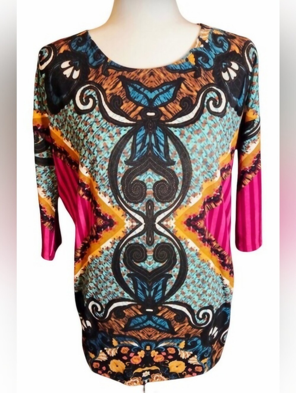 VTG Moa Moa Abstract Bohemian Tunic Top 3/4 Sleeve Small MINT